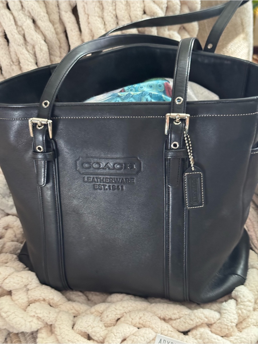 Coach Black Leather Tote with Embossed Logo
